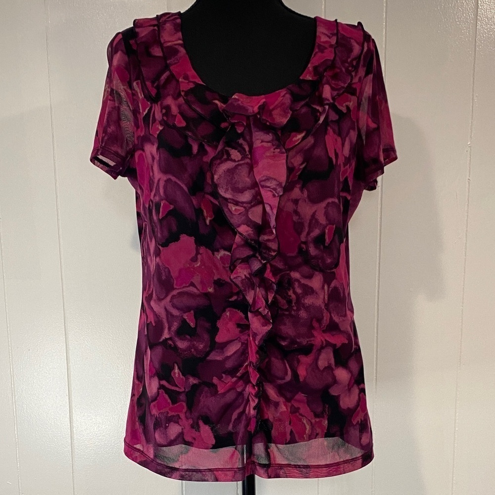 212 Collection Floral Ruffle Blouse Pink Black Short Sleeve Workwear Top Size L